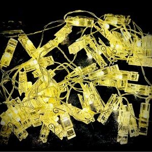 Hanging Clear Clothespin String Lights - 50 Clothespin Photo/Sign Holders.
